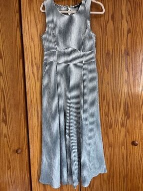 Sleeveless Vertical-Stripe Wide Leg Jumpsuit in Navy and White